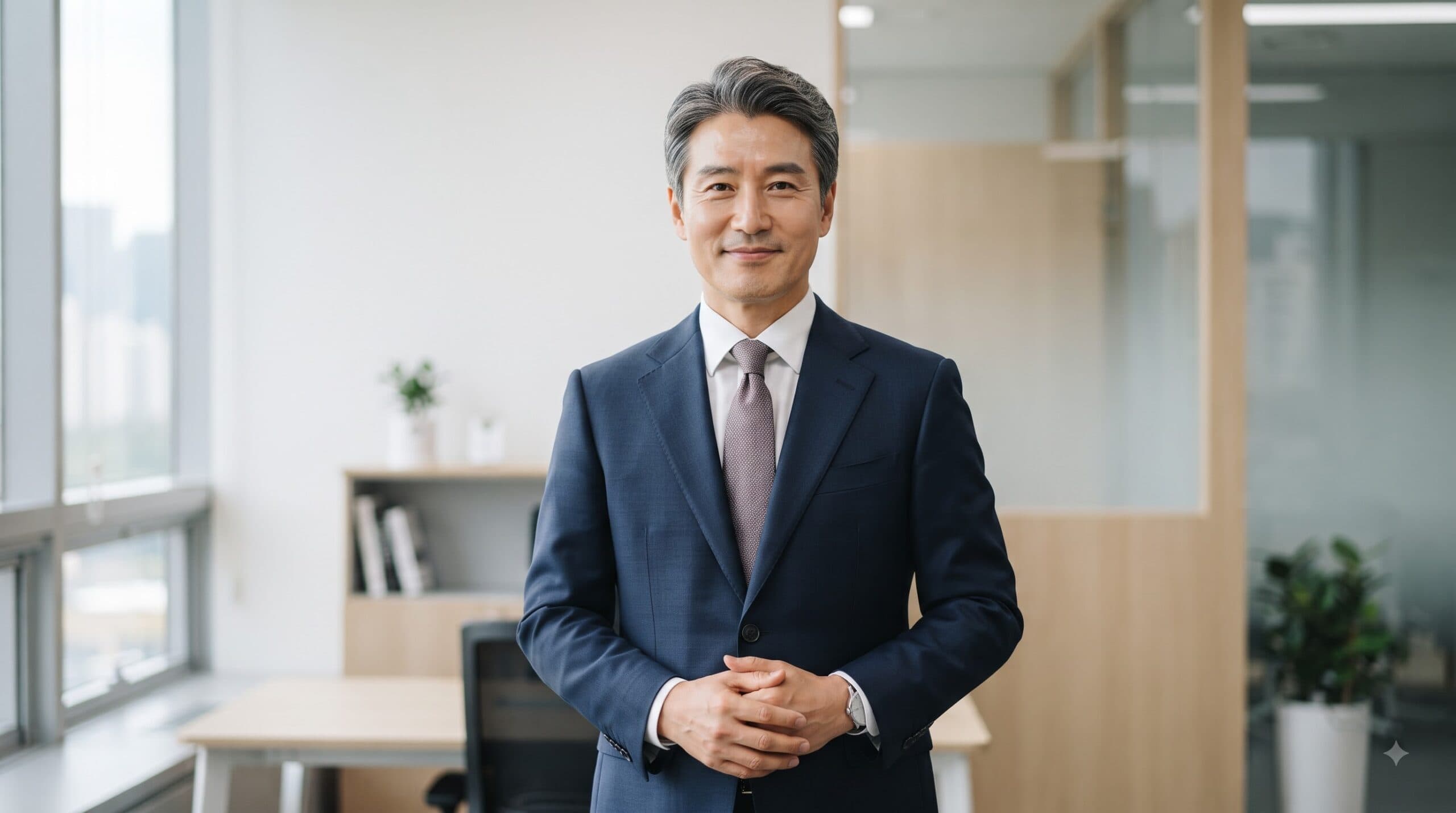 50대 중년 법인세무조사 대응 전문 한국인 남성 세무사가 깔끔한 네이비색 정장을 입고 정면을 응시하며 은은한 미소를 짓고 있다.
