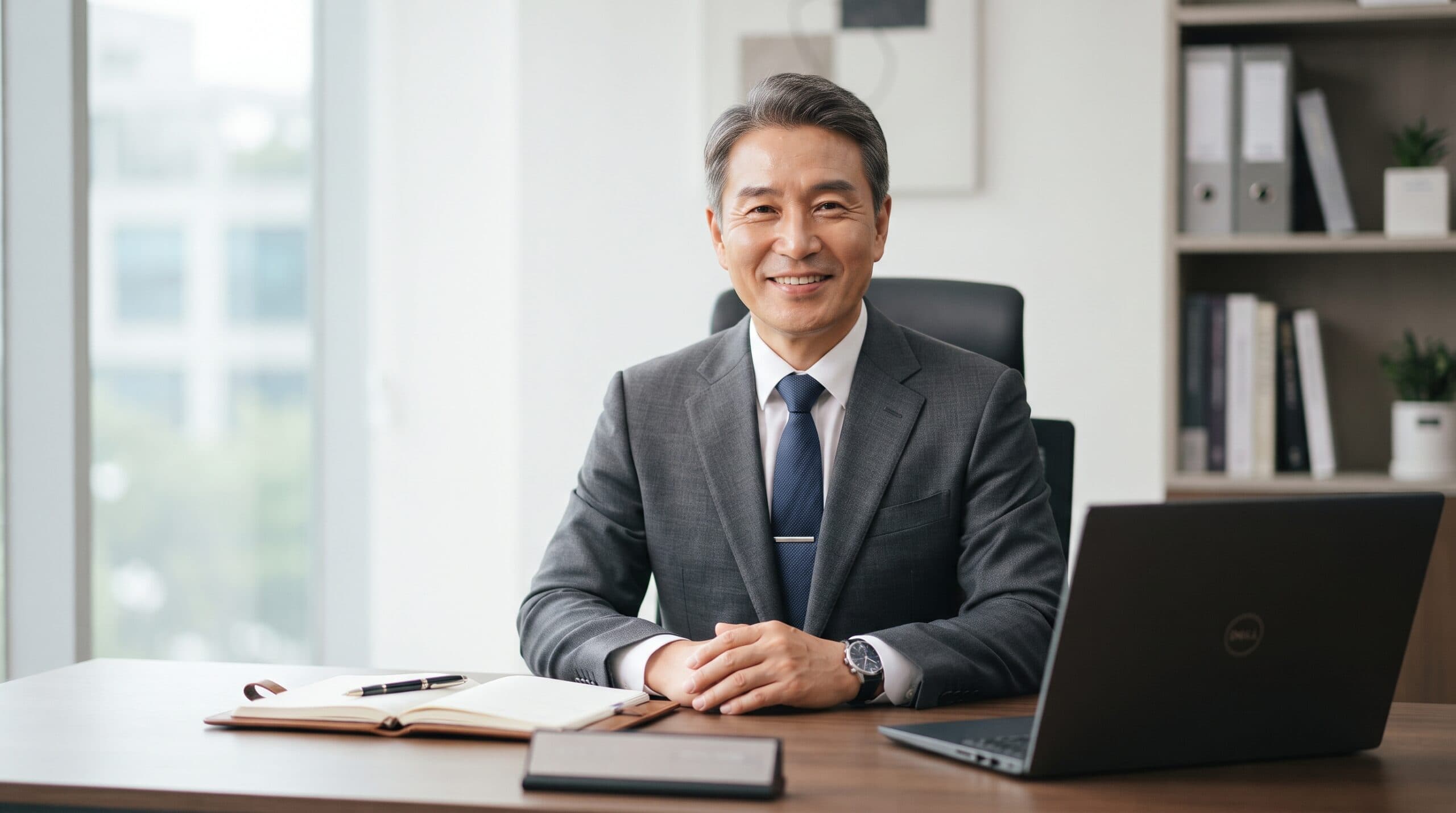 50대 중반의 한국인 남성, 세무조사 전문 세무사가 깔끔한 네이비색 정장을 입고 정면을 은은한 미소를 짓고 쳐다보고 있다