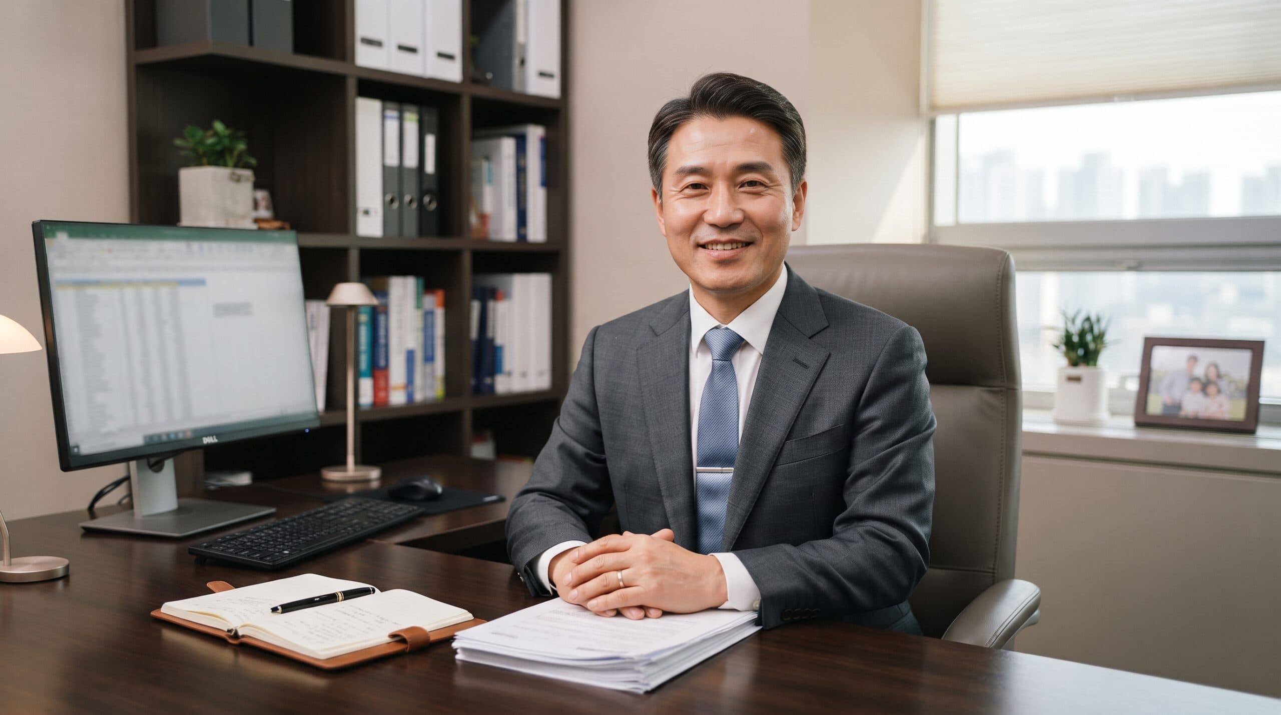 50대 동양인 남성, 국세청 조사국 출신 세무사가 네이비색 정장을 입고 정면을 응시하며 은은한 미소를 짓고 있다.