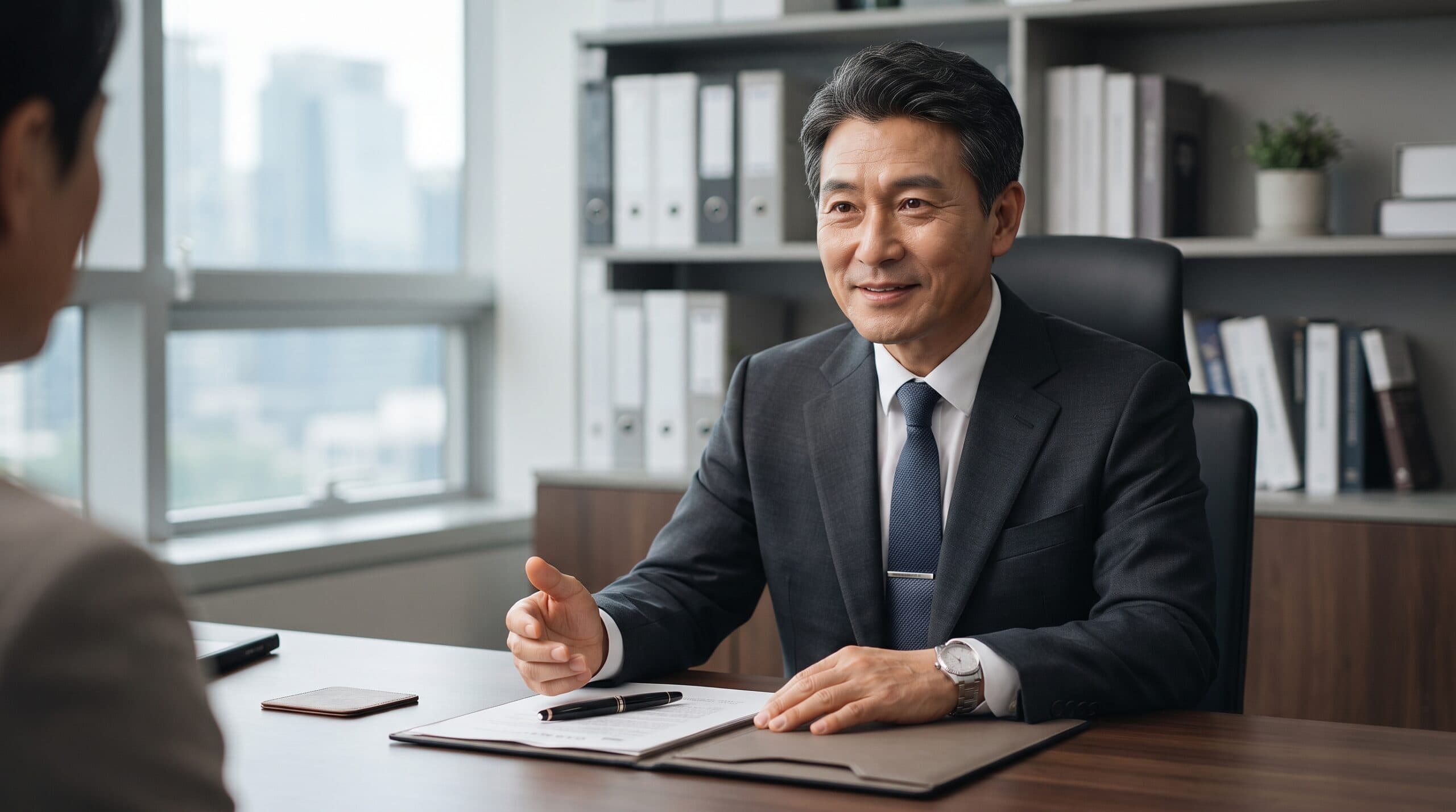 50대 한국인 중년 남성 세무사가 네이비색의 깔끔한 정장을 입고 함께세무법인 사무실에서 손님과 미팅 중이다.