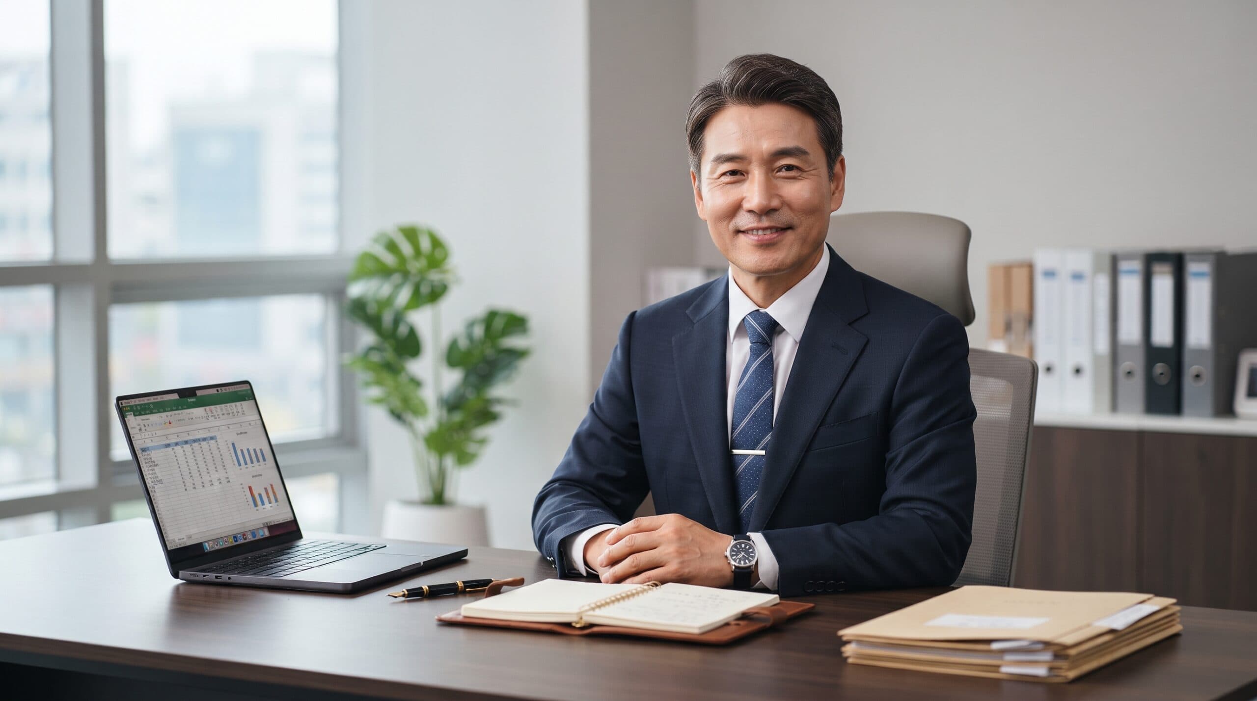 한국인 50대 남성 세무조사 대응 전문 세무사가 네이비색 정장을 입고 정면을 응시