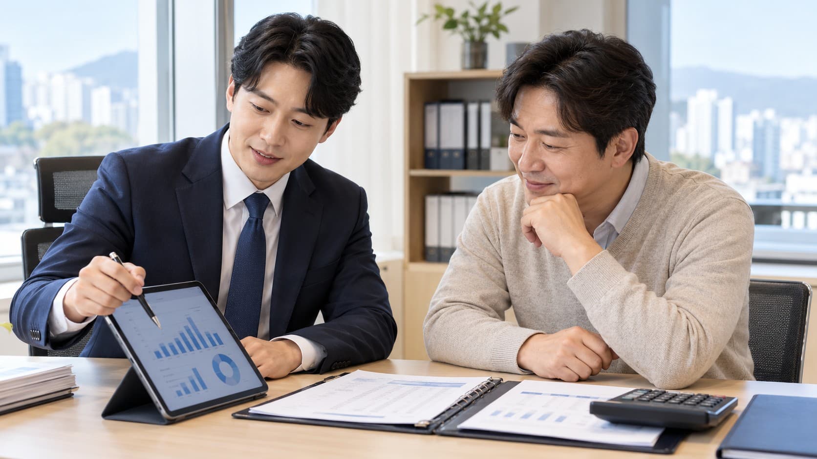 법인세 환급 가능성을 검토하며 세무사와 대표자가 신고 자료를 살펴보는 모습