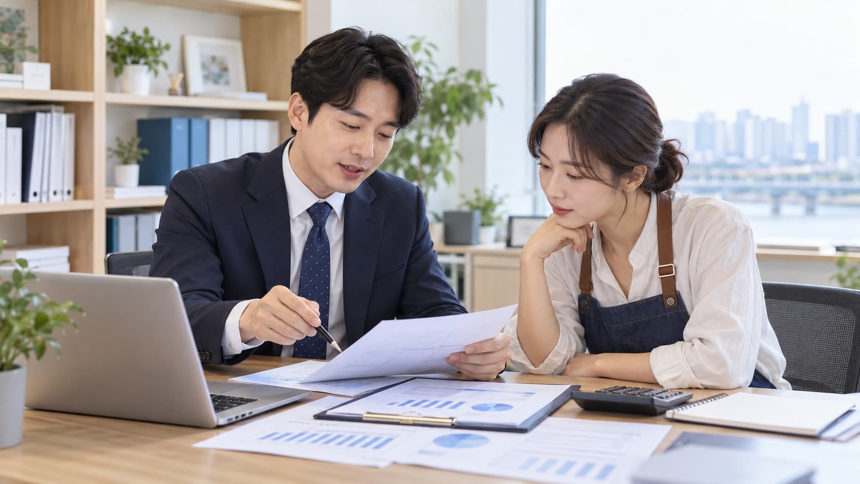 세무사추천 상담에서 사업자와 세무사가 회계 자료를 검토하는 모습