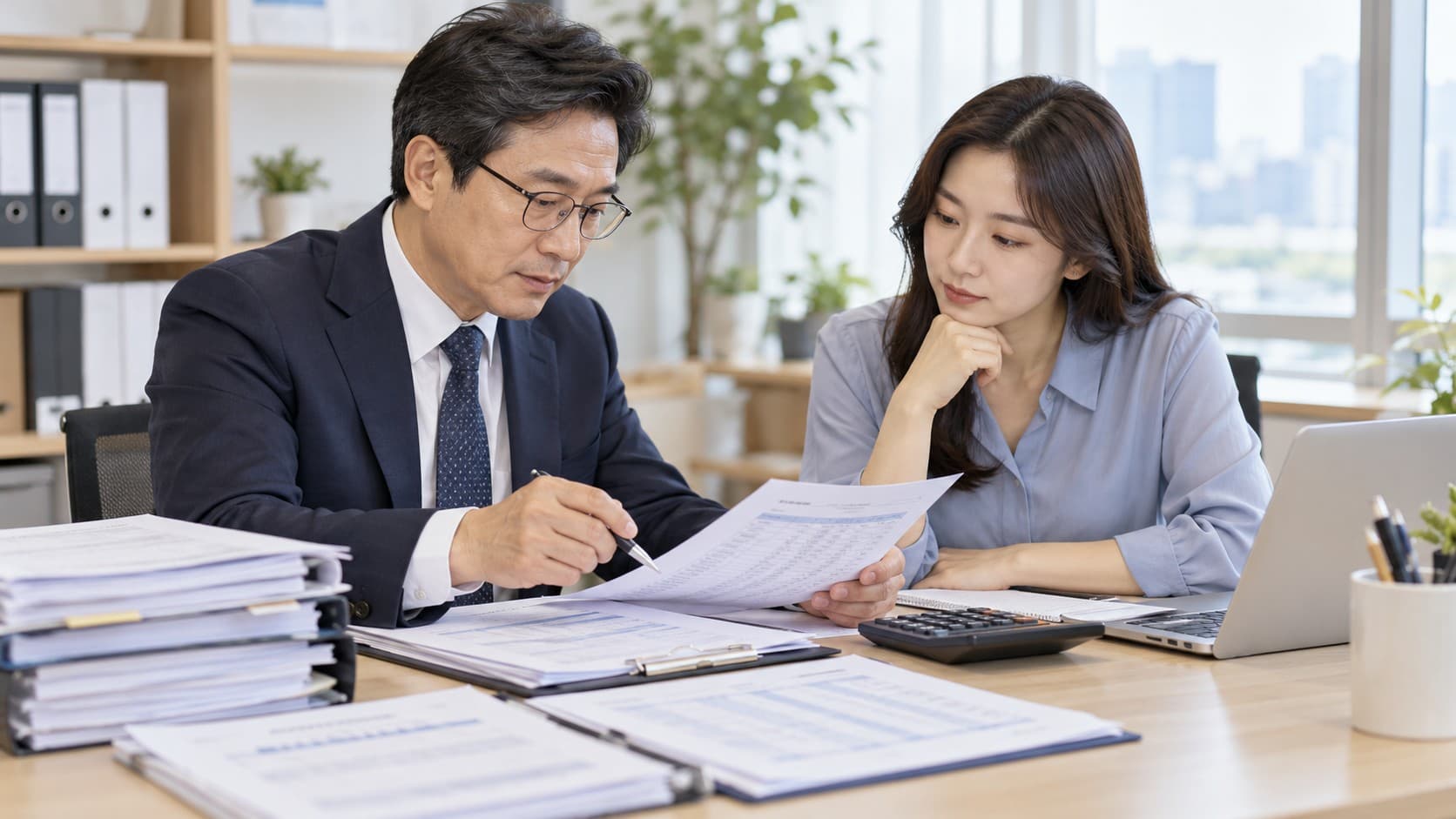 인건비신고를 위해 세무사와 사업자가 급여 자료를 검토하는 모습