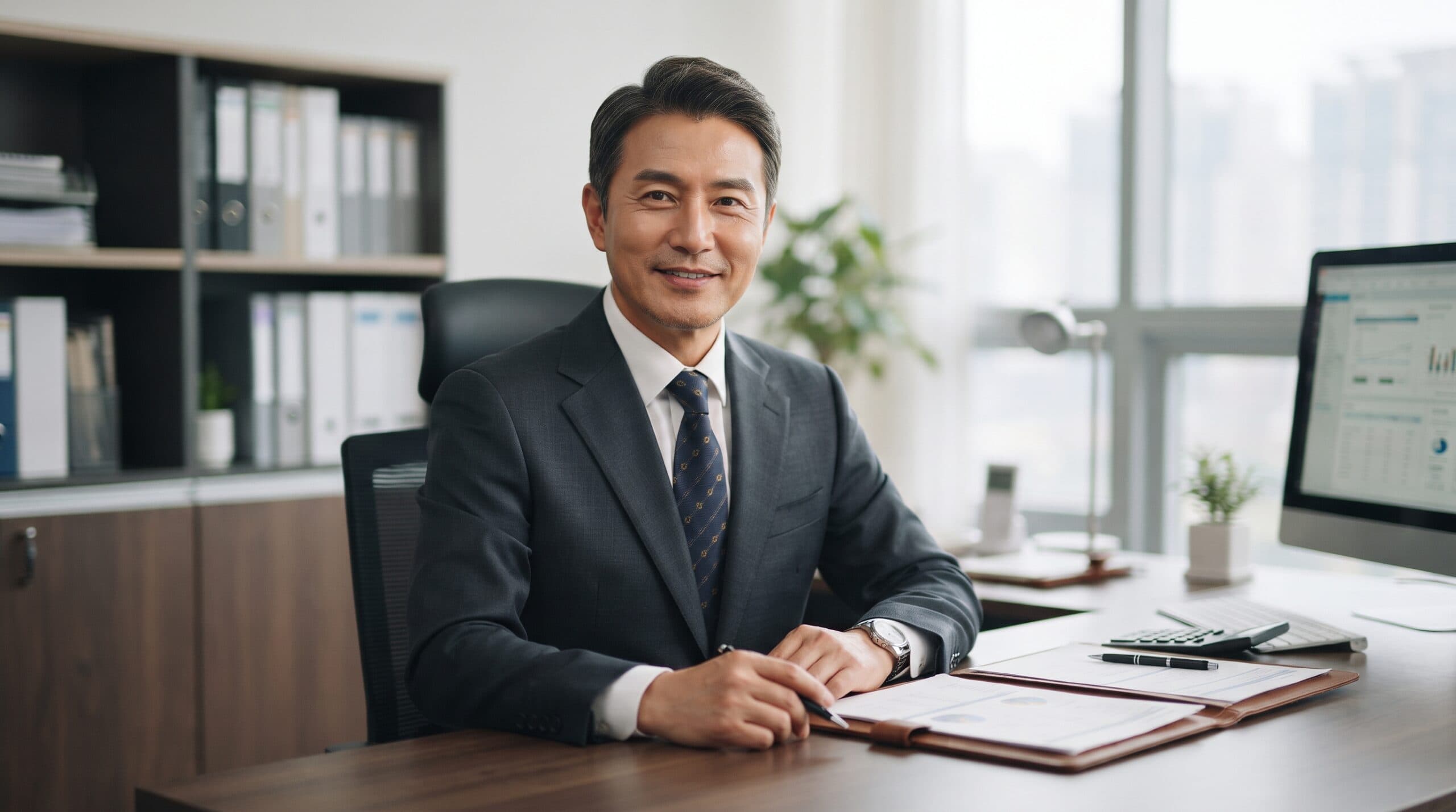 50대 중반의 병원 세무조사 대응 전문 남성 세무사가 깔끔한 네이비색 정장을 입고 정면을 향해 은은한 미소를 짓고 있다.