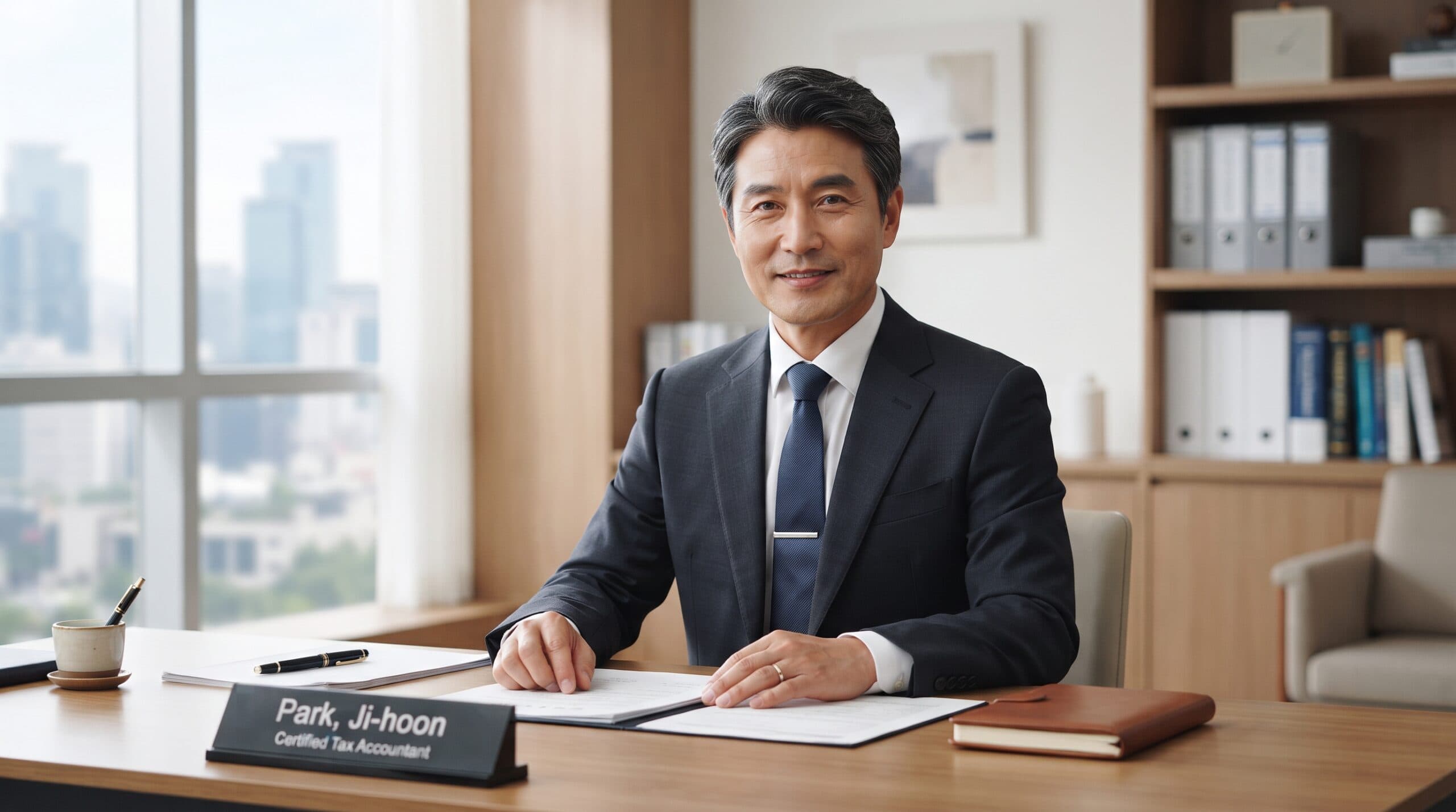 50대 중반의 동양인 남성 세무조사 대응 전문 세무사가, 깔끔한 네이비색 정장을 입고 은은한 미소를 짓고 정면을 응시하는 사진