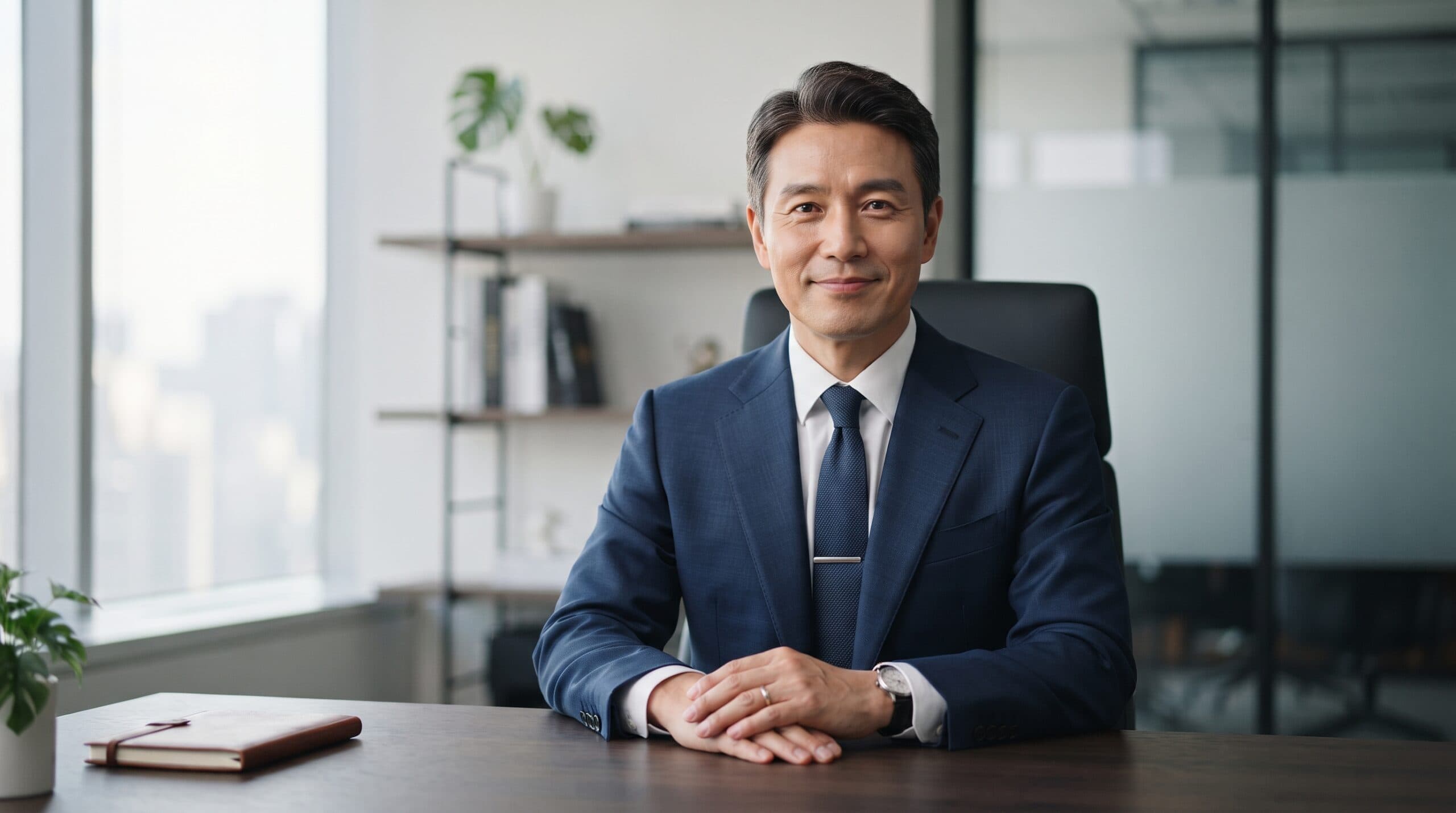 50대 중반의 한국인 남성 세무조사 전문 세무사가 깔끔한 네이비색 정장과 넥타이를 입고 정면을 응시하는 중