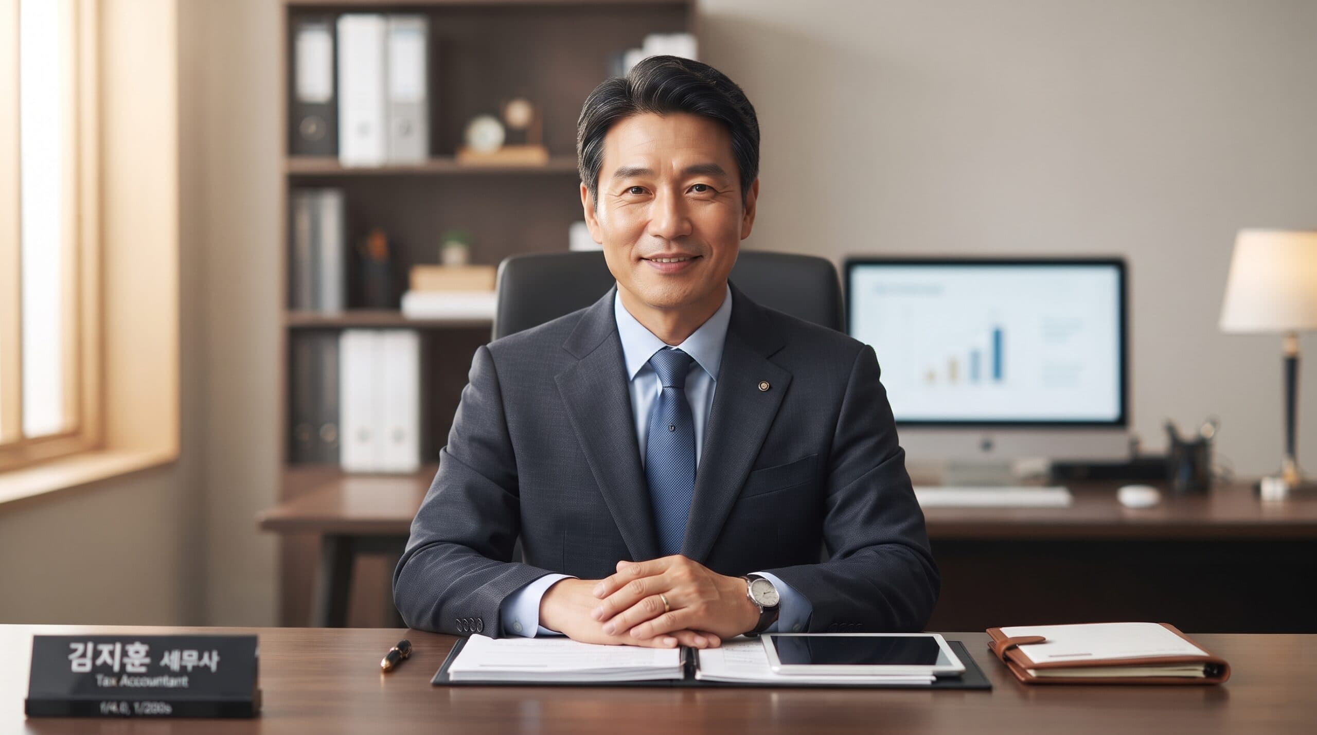 alt="자금출처조사를 대응하는 네이비 정장을 입고 집무실 책상에서 계산기와 공책을 앞에 둔 채 카메라를 보며 웃고 있는 한국인 세무사"
