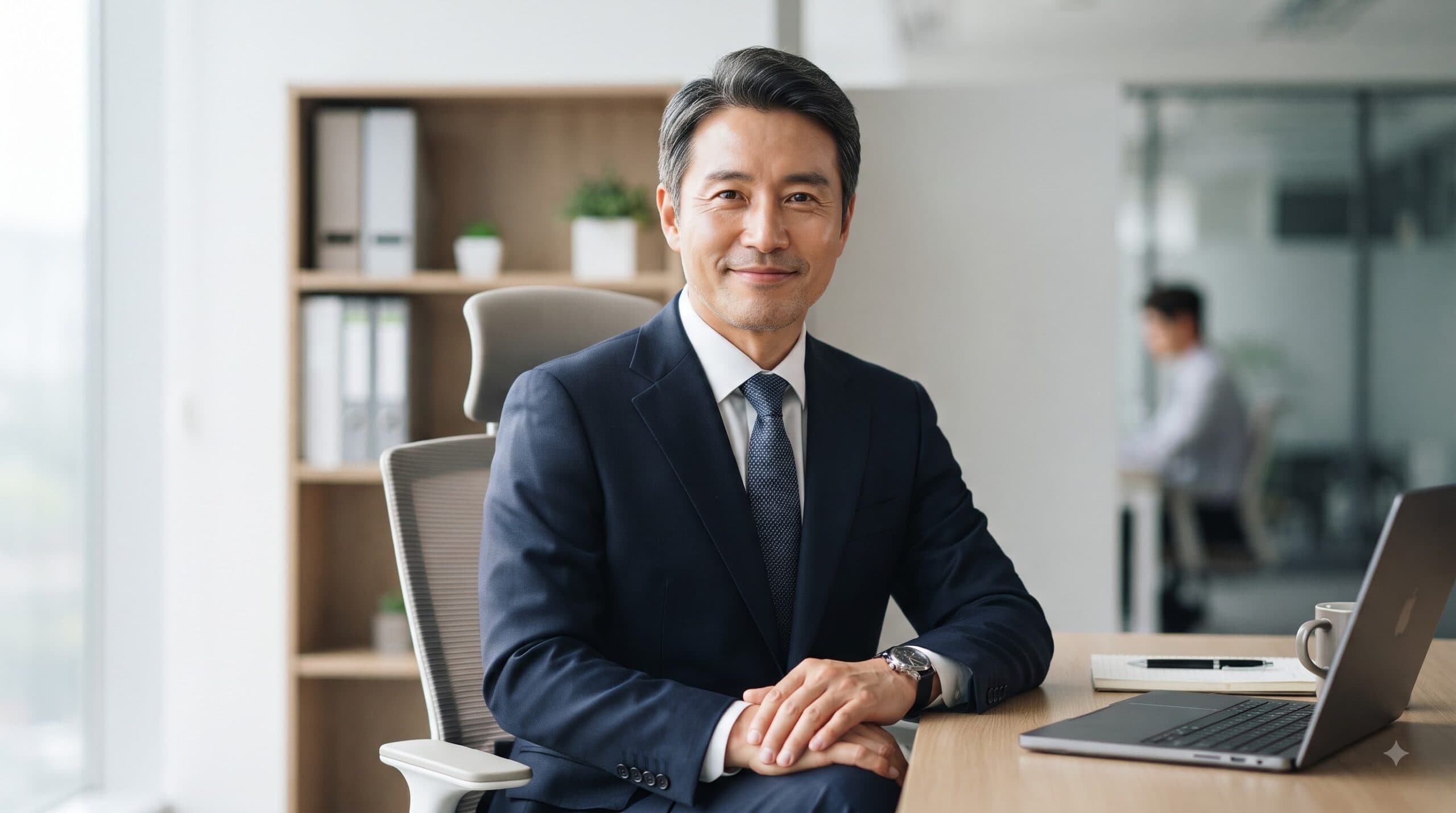 세무조사 대응 전문 세무사이자 50대 중반 한국 남성 세무사가 은은한 미소를 지으며 정면을 응시 중. 깔끔한 네이비색 정장 착용.