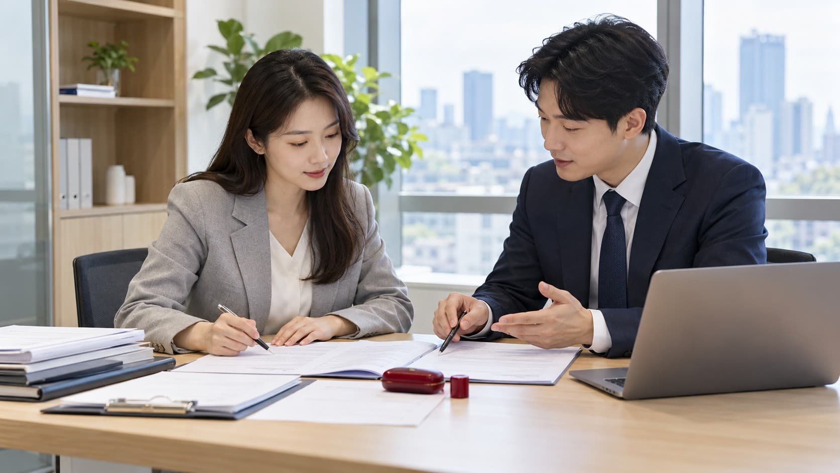 법인등록에 필요한 서류와 인감을 준비하며 전문가와 상담하는 모습
